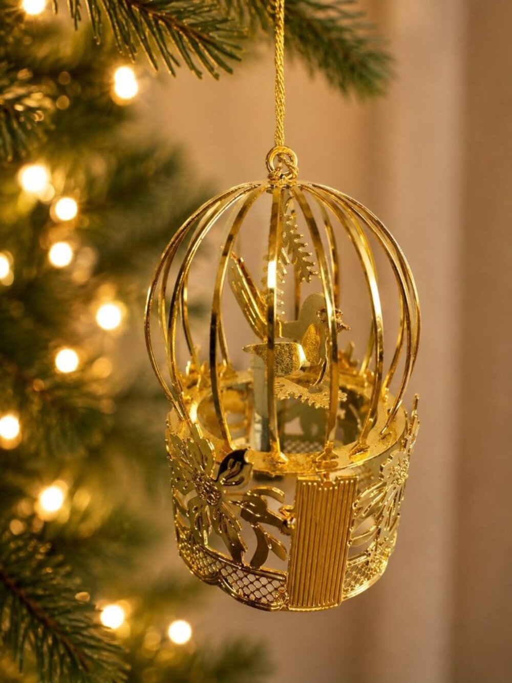 Danbury Mint Birdcage With Birds Christmas Ornament Gold Tone Openwork